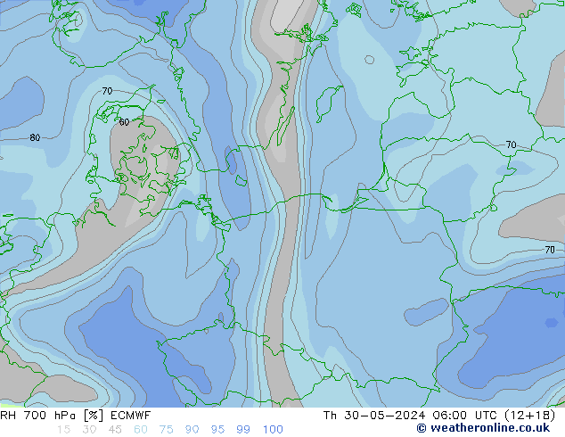 RH 700 hPa ECMWF Qui 30.05.2024 06 UTC