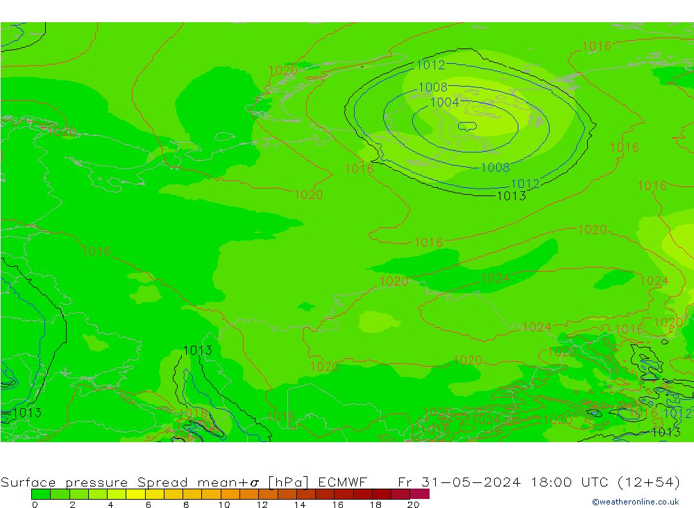 Surface pressure Spread ECMWF Fr 31.05.2024 18 UTC