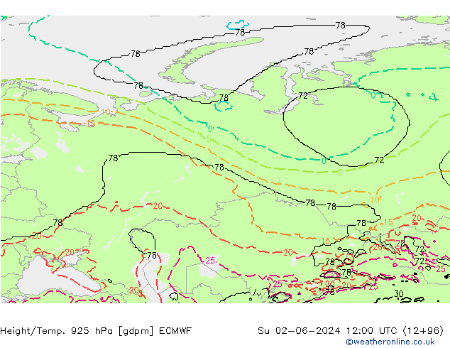 Geop./Temp. 925 hPa ECMWF dom 02.06.2024 12 UTC