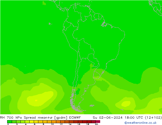 RH 700 hPa Spread ECMWF Su 02.06.2024 18 UTC