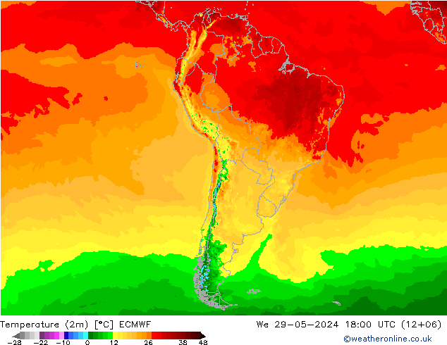 Temperatuurkaart (2m) ECMWF wo 29.05.2024 18 UTC