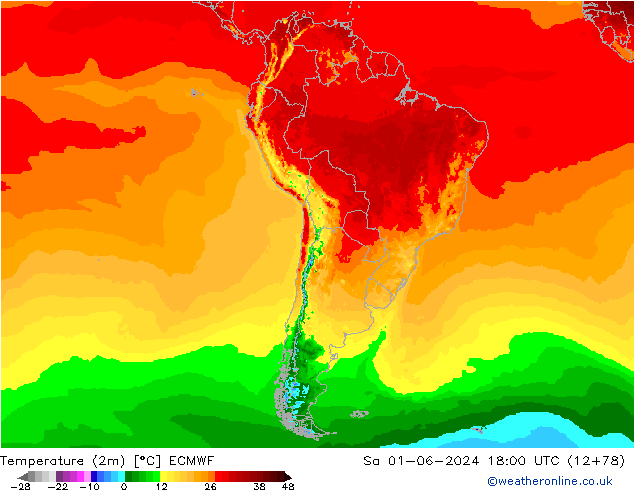 карта температуры ECMWF сб 01.06.2024 18 UTC