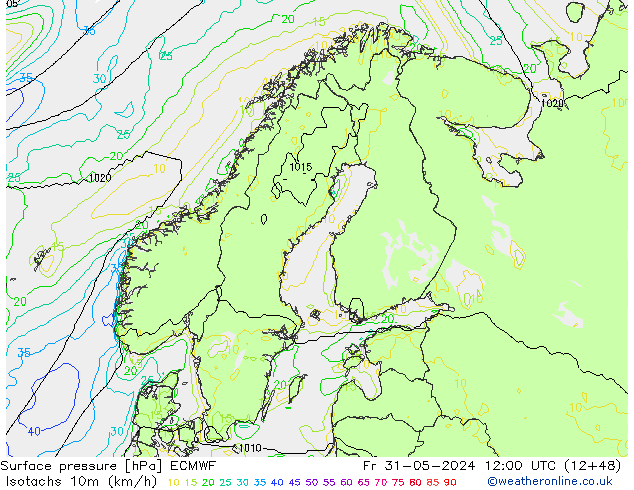 Isotachs (kph) ECMWF пт 31.05.2024 12 UTC