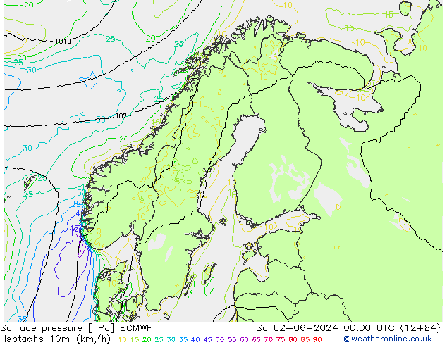 Isotachen (km/h) ECMWF zo 02.06.2024 00 UTC