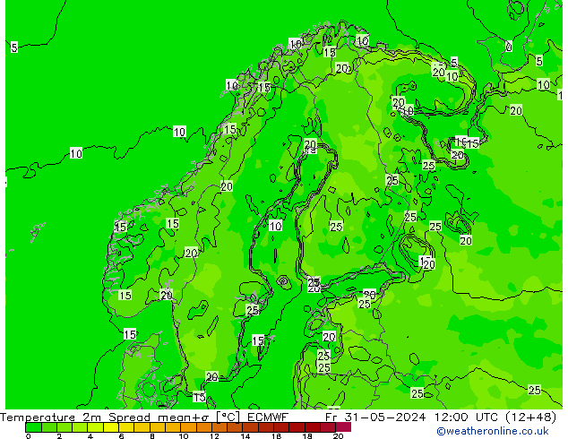 карта температуры Spread ECMWF пт 31.05.2024 12 UTC