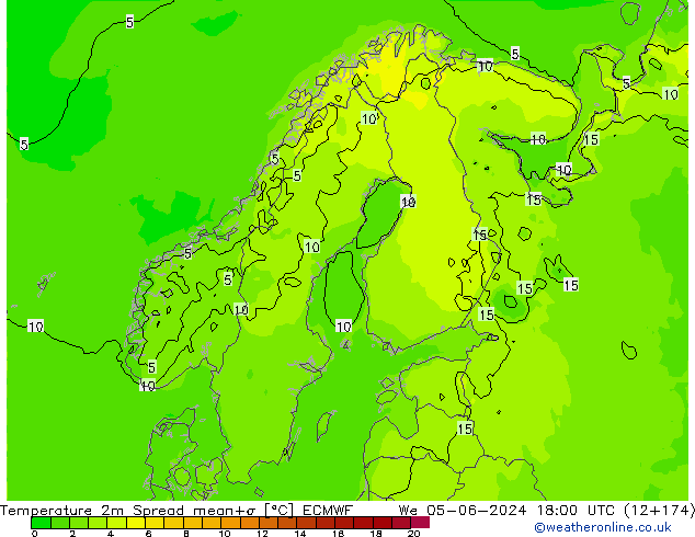 Temperature 2m Spread ECMWF St 05.06.2024 18 UTC