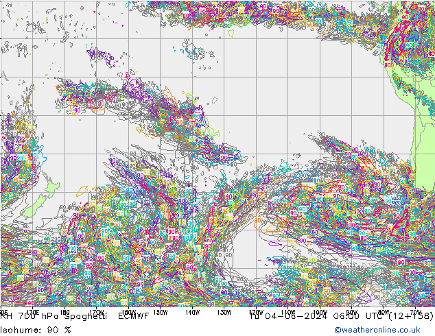 RH 700 hPa Spaghetti ECMWF Út 04.06.2024 06 UTC
