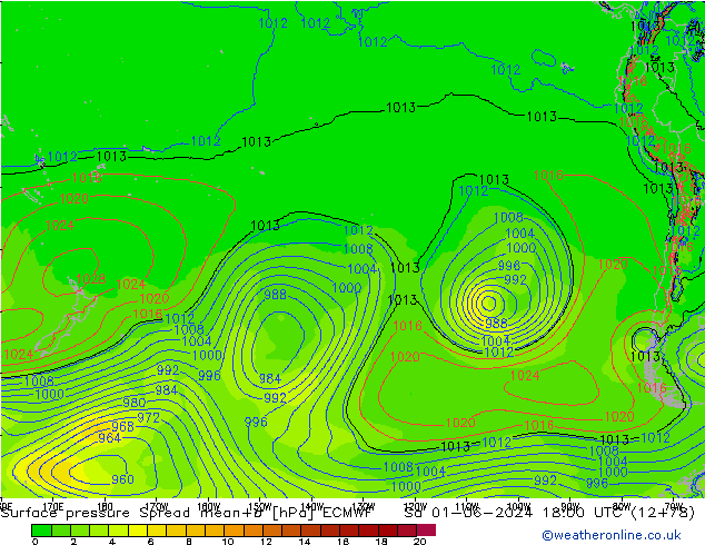 Surface pressure Spread ECMWF Sa 01.06.2024 18 UTC