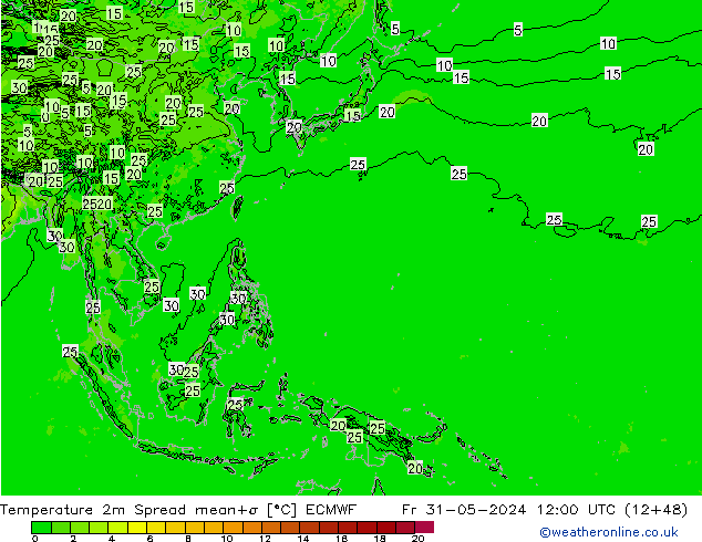 карта температуры Spread ECMWF пт 31.05.2024 12 UTC