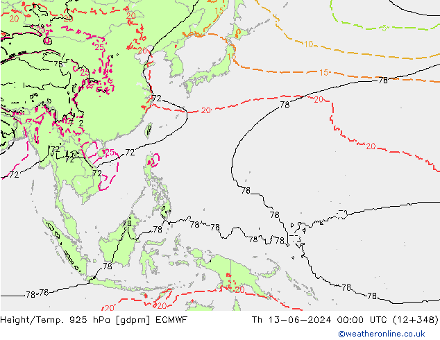 Height/Temp. 925 hPa ECMWF Qui 13.06.2024 00 UTC