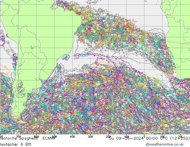 Izotacha Spaghetti ECMWF nie. 09.06.2024 00 UTC