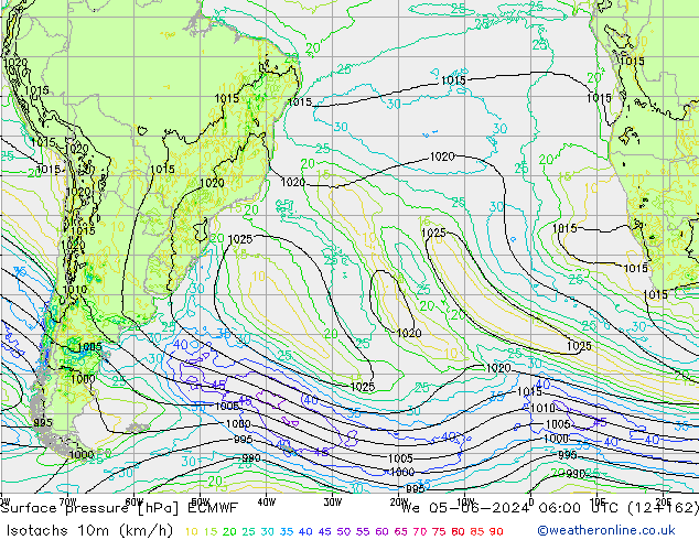 Isotachen (km/h) ECMWF Mi 05.06.2024 06 UTC