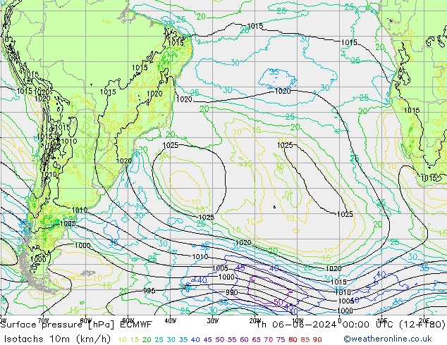 Isotachs (kph) ECMWF Čt 06.06.2024 00 UTC