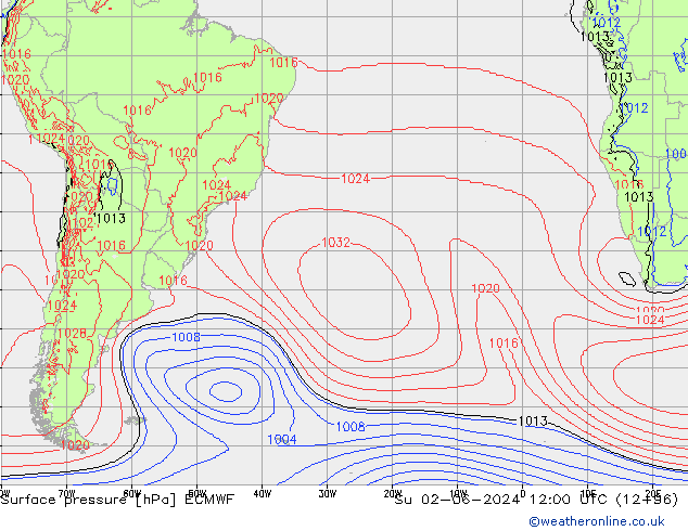 Atmosférický tlak ECMWF Ne 02.06.2024 12 UTC