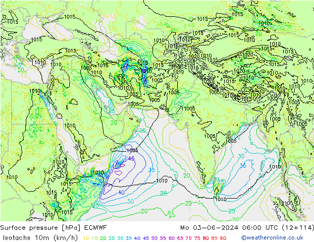 Isotachs (kph) ECMWF Mo 03.06.2024 06 UTC