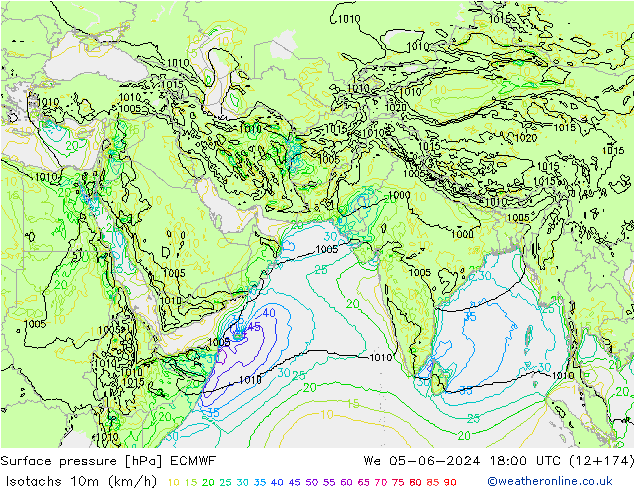 Izotacha (km/godz) ECMWF śro. 05.06.2024 18 UTC