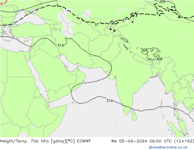 Height/Temp. 700 hPa ECMWF mer 05.06.2024 06 UTC