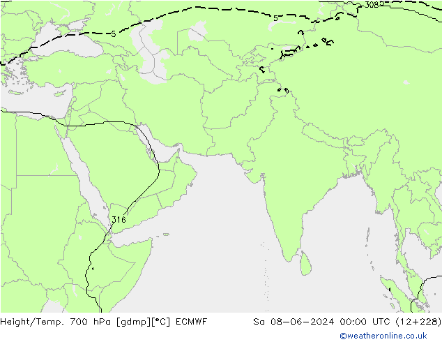 Height/Temp. 700 hPa ECMWF sab 08.06.2024 00 UTC