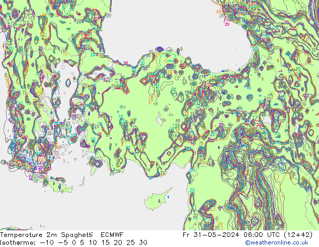 Temperatura 2m Spaghetti ECMWF vie 31.05.2024 06 UTC