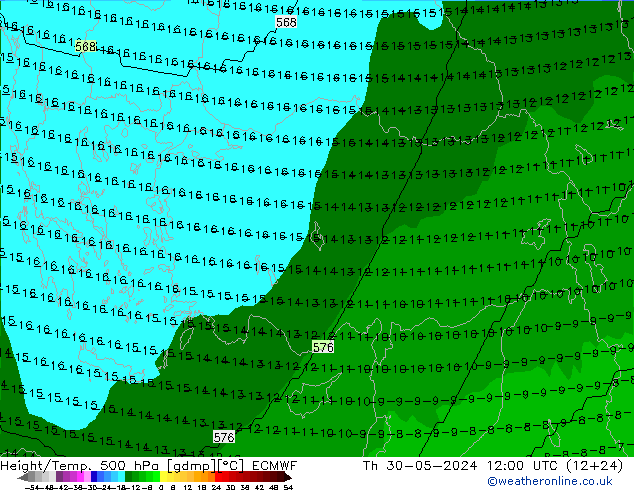 Height/Temp. 500 hPa ECMWF Čt 30.05.2024 12 UTC