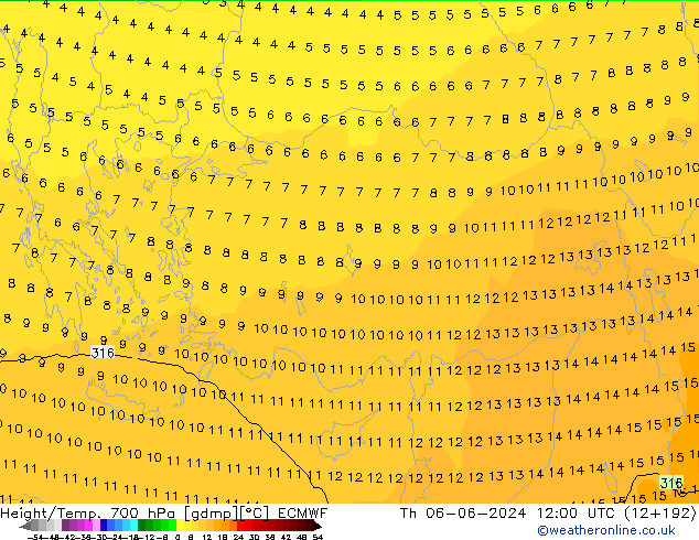 Height/Temp. 700 hPa ECMWF gio 06.06.2024 12 UTC