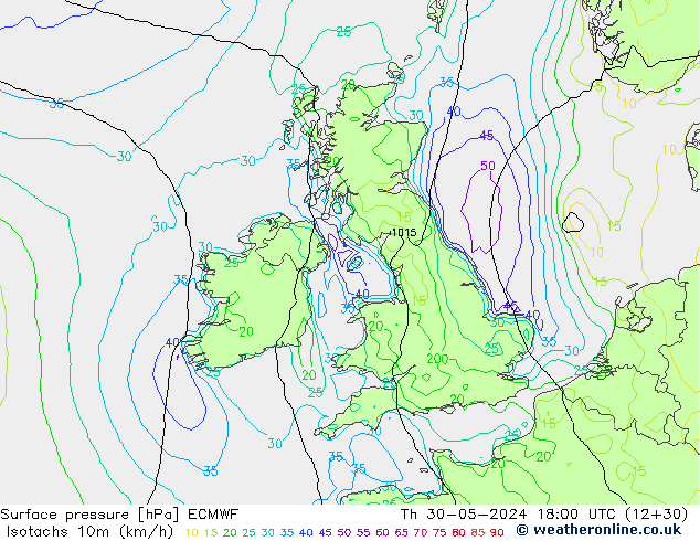 Isotaca (kph) ECMWF jue 30.05.2024 18 UTC