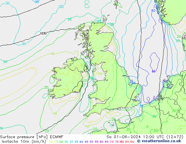 Isotachen (km/h) ECMWF za 01.06.2024 12 UTC