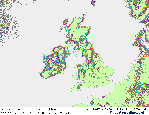 Temperatura 2m Spaghetti ECMWF vie 31.05.2024 00 UTC