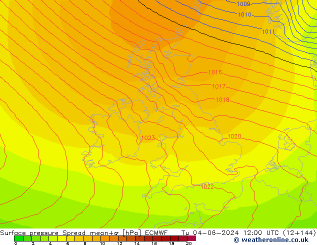 Surface pressure Spread ECMWF Tu 04.06.2024 12 UTC