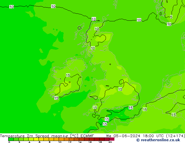 mapa temperatury 2m Spread ECMWF śro. 05.06.2024 18 UTC