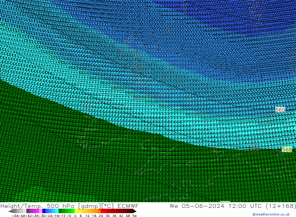 Height/Temp. 500 hPa ECMWF St 05.06.2024 12 UTC