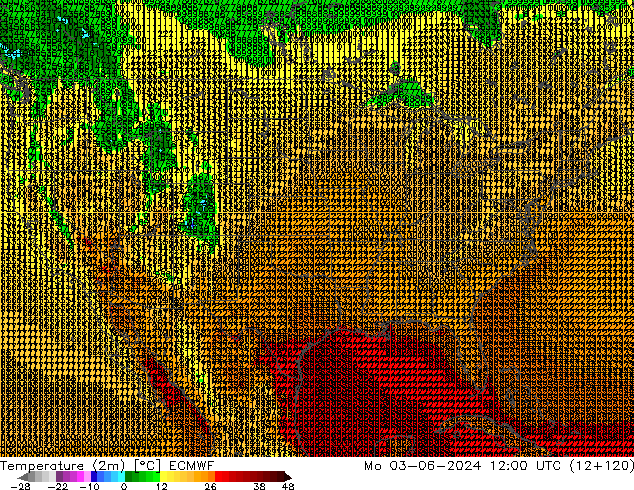 mapa temperatury (2m) ECMWF pon. 03.06.2024 12 UTC