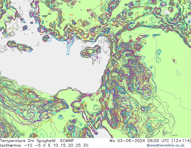 Temperature 2m Spaghetti ECMWF Mo 03.06.2024 06 UTC