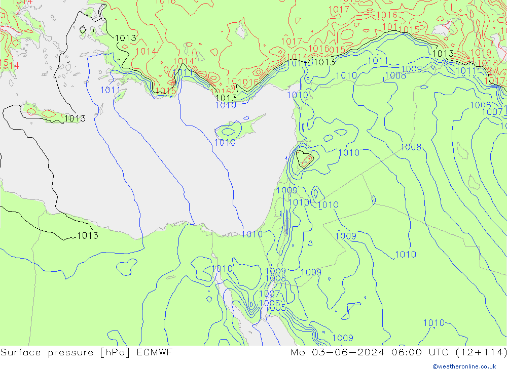 Surface pressure ECMWF Mo 03.06.2024 06 UTC