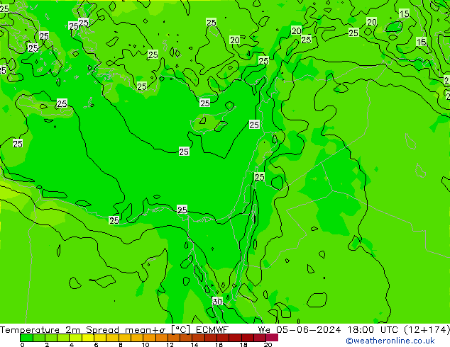 Temperatuurkaart Spread ECMWF wo 05.06.2024 18 UTC