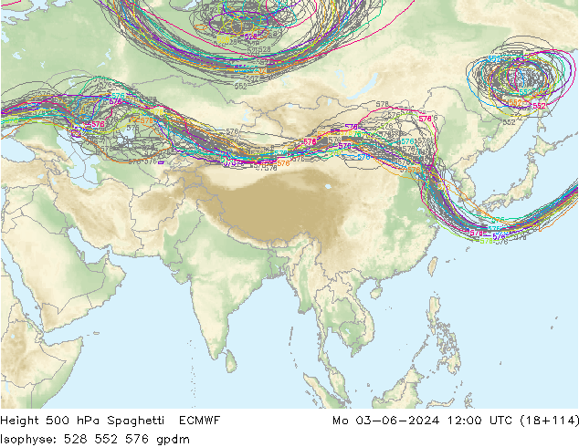 Height 500 hPa Spaghetti ECMWF lun 03.06.2024 12 UTC