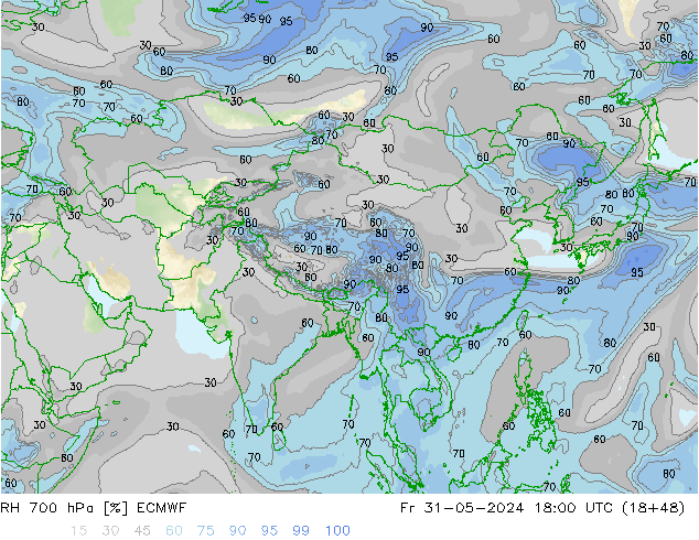 Humedad rel. 700hPa ECMWF vie 31.05.2024 18 UTC