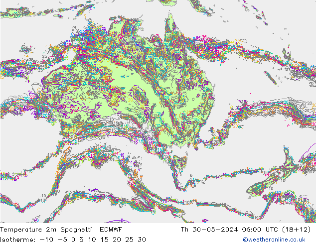 Temperatura 2m Spaghetti ECMWF Qui 30.05.2024 06 UTC