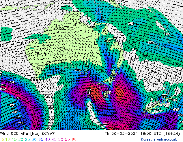 Wind 925 hPa ECMWF Čt 30.05.2024 18 UTC