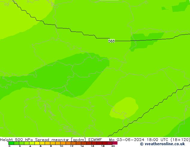 Height 500 hPa Spread ECMWF Mo 03.06.2024 18 UTC