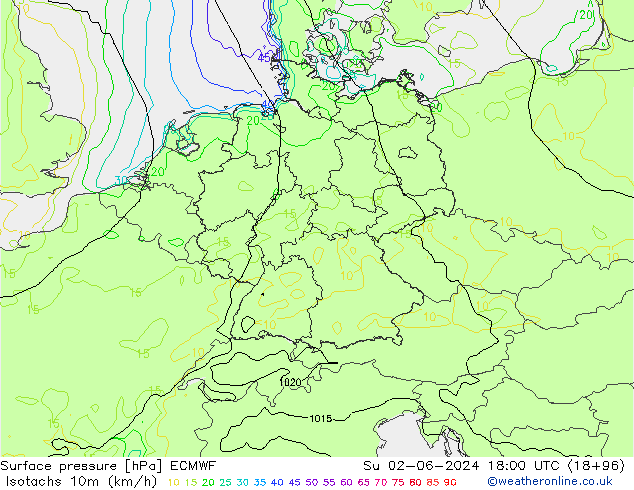 Isotachen (km/h) ECMWF zo 02.06.2024 18 UTC