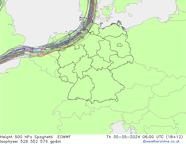 Height 500 hPa Spaghetti ECMWF Do 30.05.2024 06 UTC