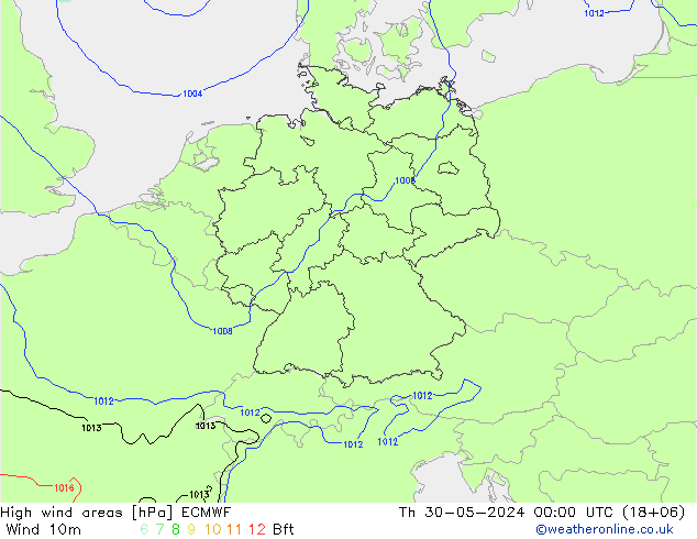 High wind areas ECMWF 星期四 30.05.2024 00 UTC