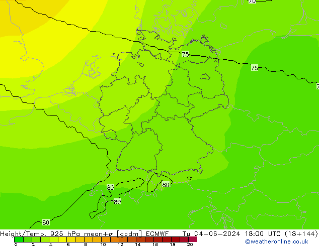 Height/Temp. 925 hPa ECMWF Tu 04.06.2024 18 UTC