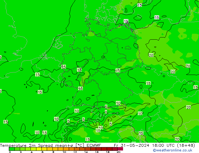 Temperatuurkaart Spread ECMWF vr 31.05.2024 18 UTC