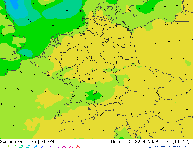 Vento 10 m ECMWF gio 30.05.2024 06 UTC