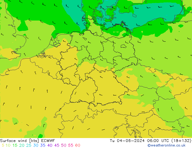 Surface wind ECMWF Tu 04.06.2024 06 UTC