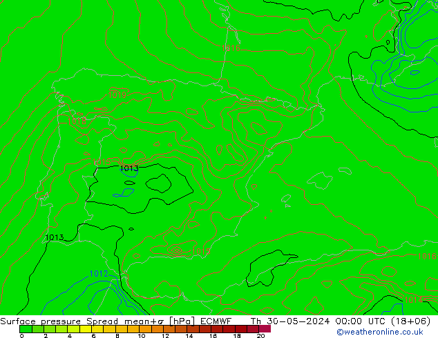 Surface pressure Spread ECMWF Th 30.05.2024 00 UTC