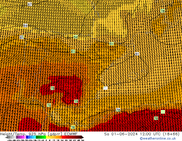 Yükseklik/Sıc. 925 hPa ECMWF Cts 01.06.2024 12 UTC