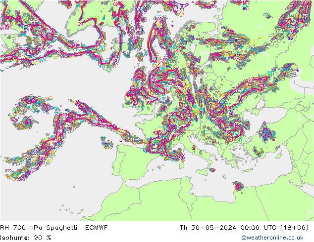 Humedad rel. 700hPa Spaghetti ECMWF jue 30.05.2024 00 UTC